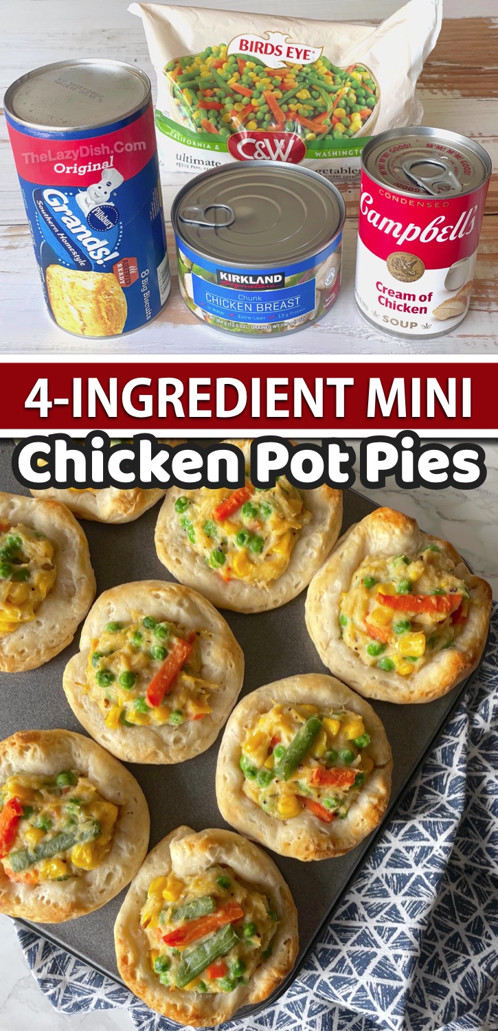 4 Ingredient Mini Chicken Pot Pies (Made with Pillsbury Biscuits) | If you're looking for quick and easy family dinner recipes, it doesn't get any easier than this! Just a few cheap ingredients and you've got a meal your picky eaters will love. 