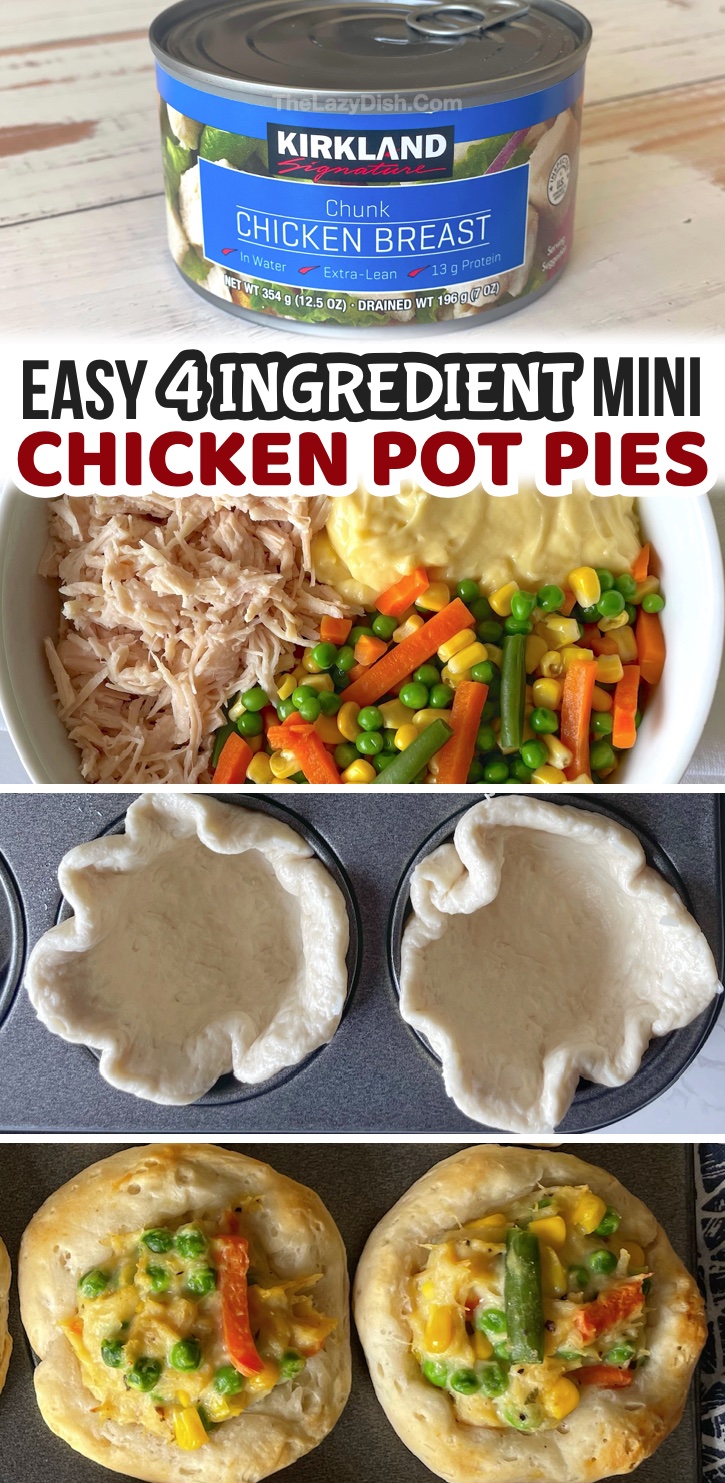 Easy Mini Chicken Pot Pies... made with canned chicken! This is a budget meal your entire family will love, even your picky kids! It's made with just a few cheap ingredients including canned chicken, frozen veggies, canned chicken soup, and Pillsbury biscuits. Everything comes together like magic thanks to a muffin tin!