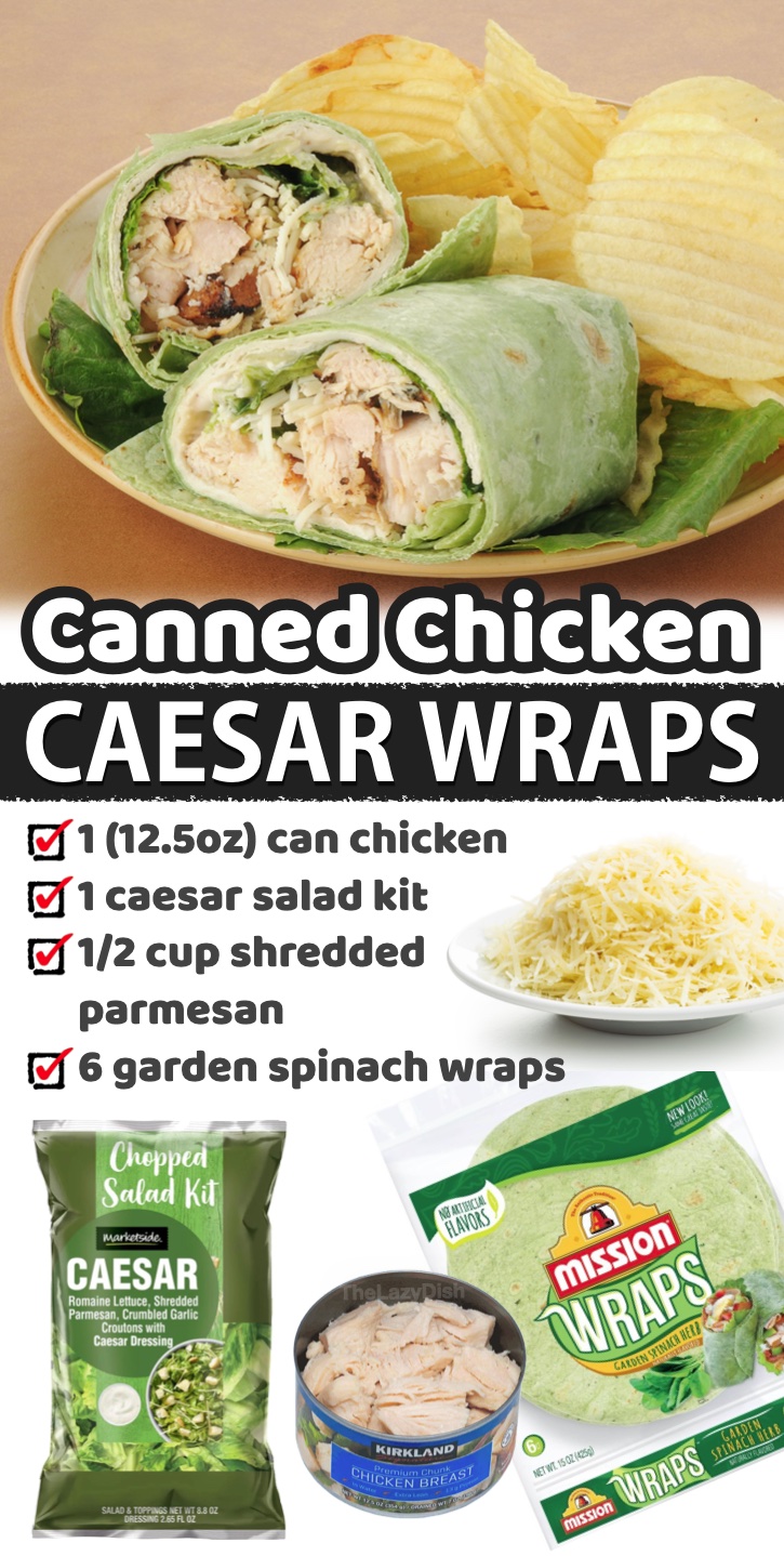 Canned Chicken Caesar Wraps | A super quick and easy last minute meal! These creamy wraps are great for lunch or dinner especially when you're too tired to cook. I even use a bagged salad kit to make them extra lazy!