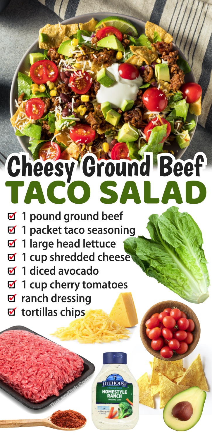 The best last minute ground beef dinner recipe! This cheesy taco salad is so fast to make with simple and cheap ingredients. Just mix the ground beef with taco seasoning and top it over a bed of lettuce with your favorite taco ingredients: tomato, avocado, cheese, jalapeño, sour cream, etc. 