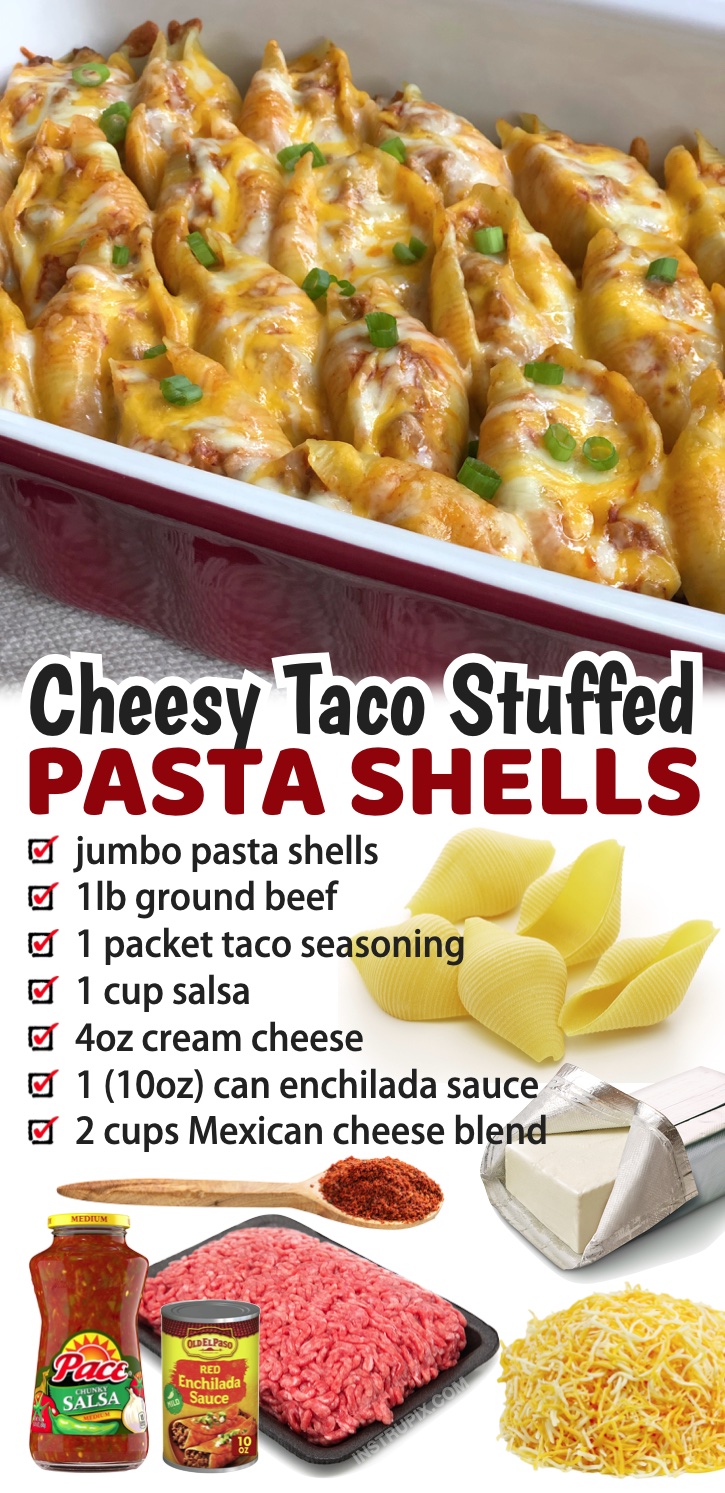 Cheesy Taco Stuffed Pasta Shells | Italian food mixed with Mexican food? Yes, please! Some serious comfort food! My picky kids love this simple ground beef dinner recipe.