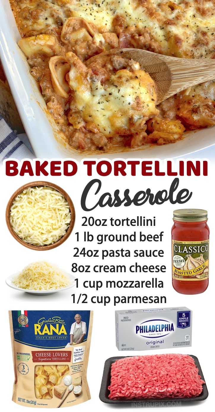 Baked Ground Beef Tortellini Casserole | The perfect weeknight dinner for your picky eaters! This simple meal is quick and easy to make with just a few basic and cheap ingredients. You really can't mess it up!