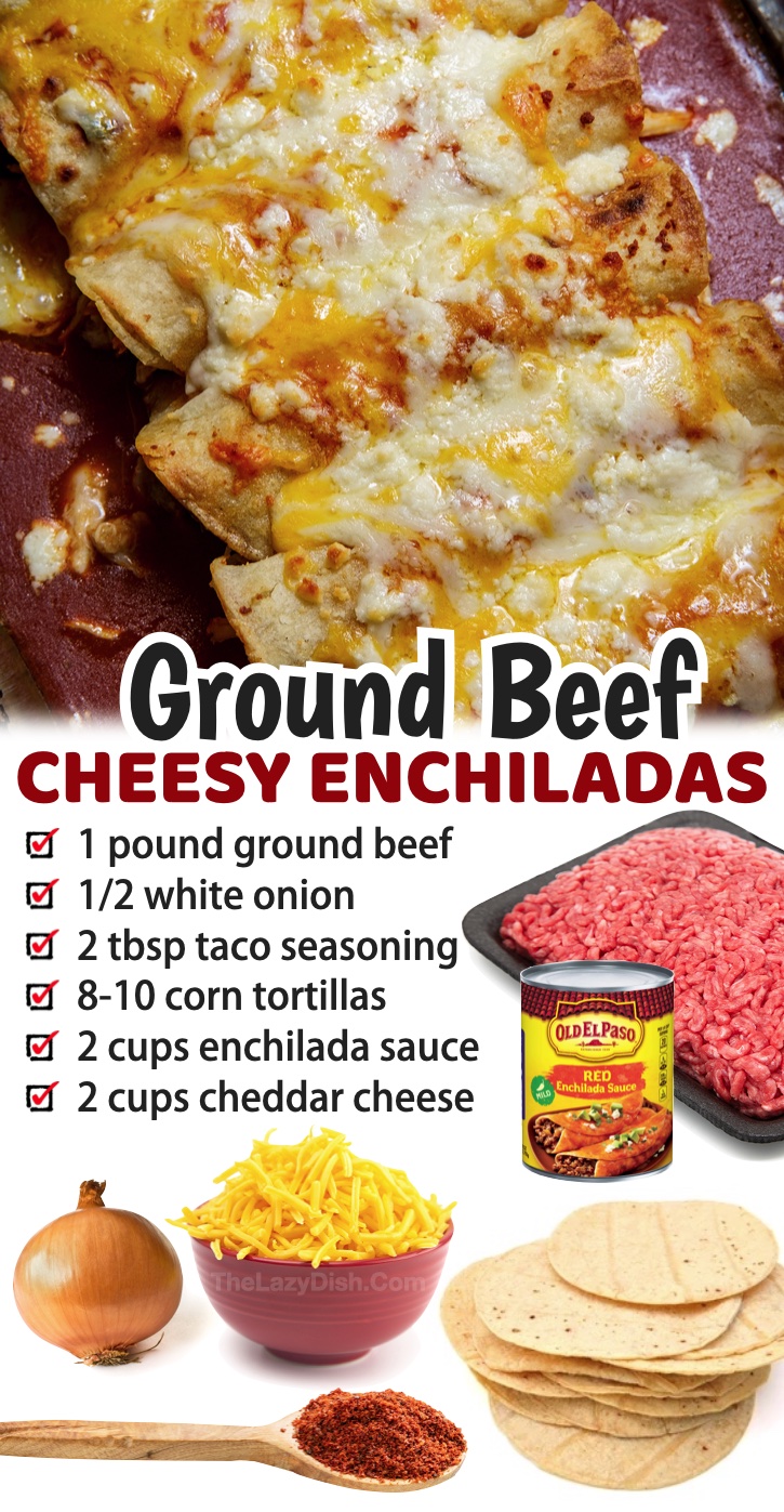 Ground Beef Enchiladas | If you're looking for Mexican dinner ideas made with ground beef, you can't go wrong with cheesy enchiladas! They are super cheap to make with just a few ingredients and always a hit with my hungry family, including my very picky kids. 