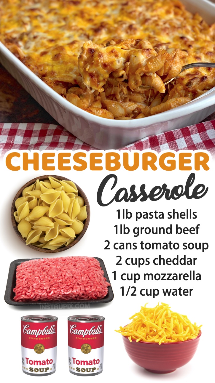 Cheeseburger Pasta Casserole | 21 quick and easy ground beef dinner ideas! These simple recipes are all perfect for a family with kids. My picky eaters love this 4 ingredient casserole dish! Some serious comfort food, and on a budget, too. 