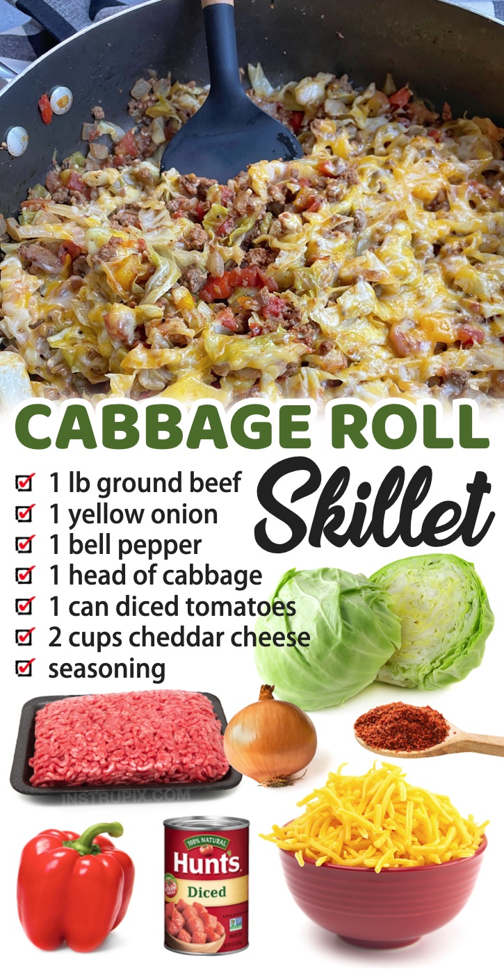Keto Cabbage Roll Skillet | A healthy, low carb, and easy ground beef dinner recipe! So simple to make in just one pan with a handful of cheap ingredients. Here is a list of 21 family friendly ground beef dinner recipes. Enjoy!