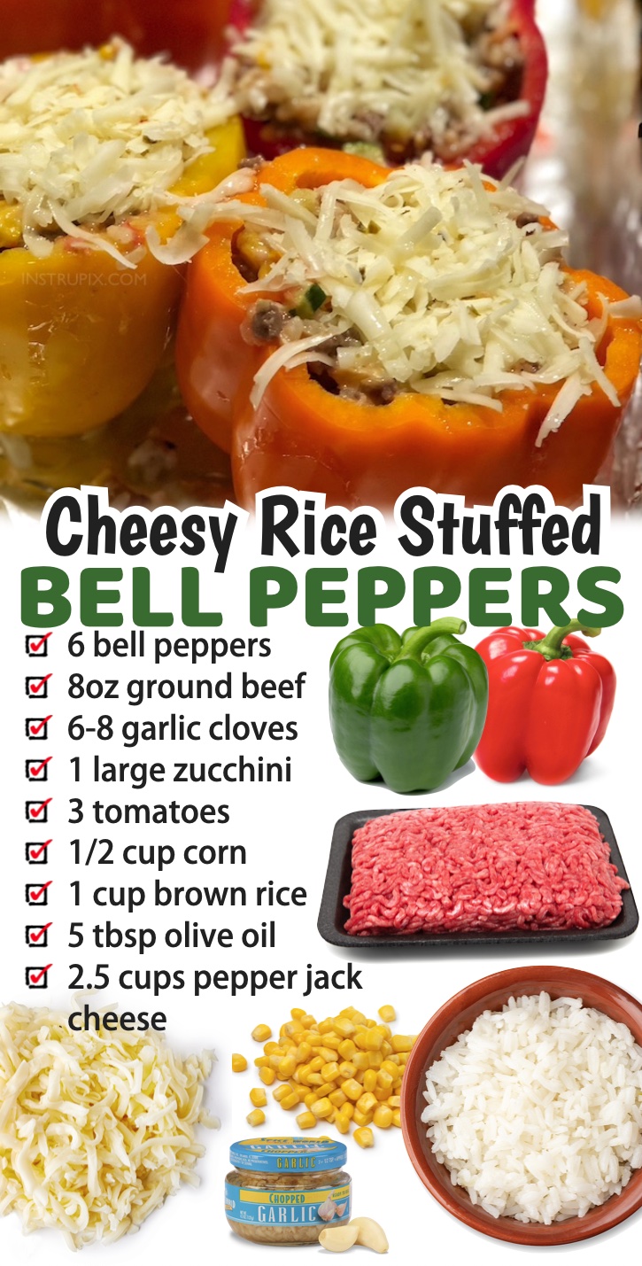 Cheesy Rice & Beef Stuffed Bell Peppers | A healthy ground beef dinner recipe! Customize it to your liking with white or brown rice plus the mix-ins of your choice. As long as you have lots of cheese and garlic, it's insanely delicious! Here is a list of 21 lazy day dinner recipes made with ground beef!