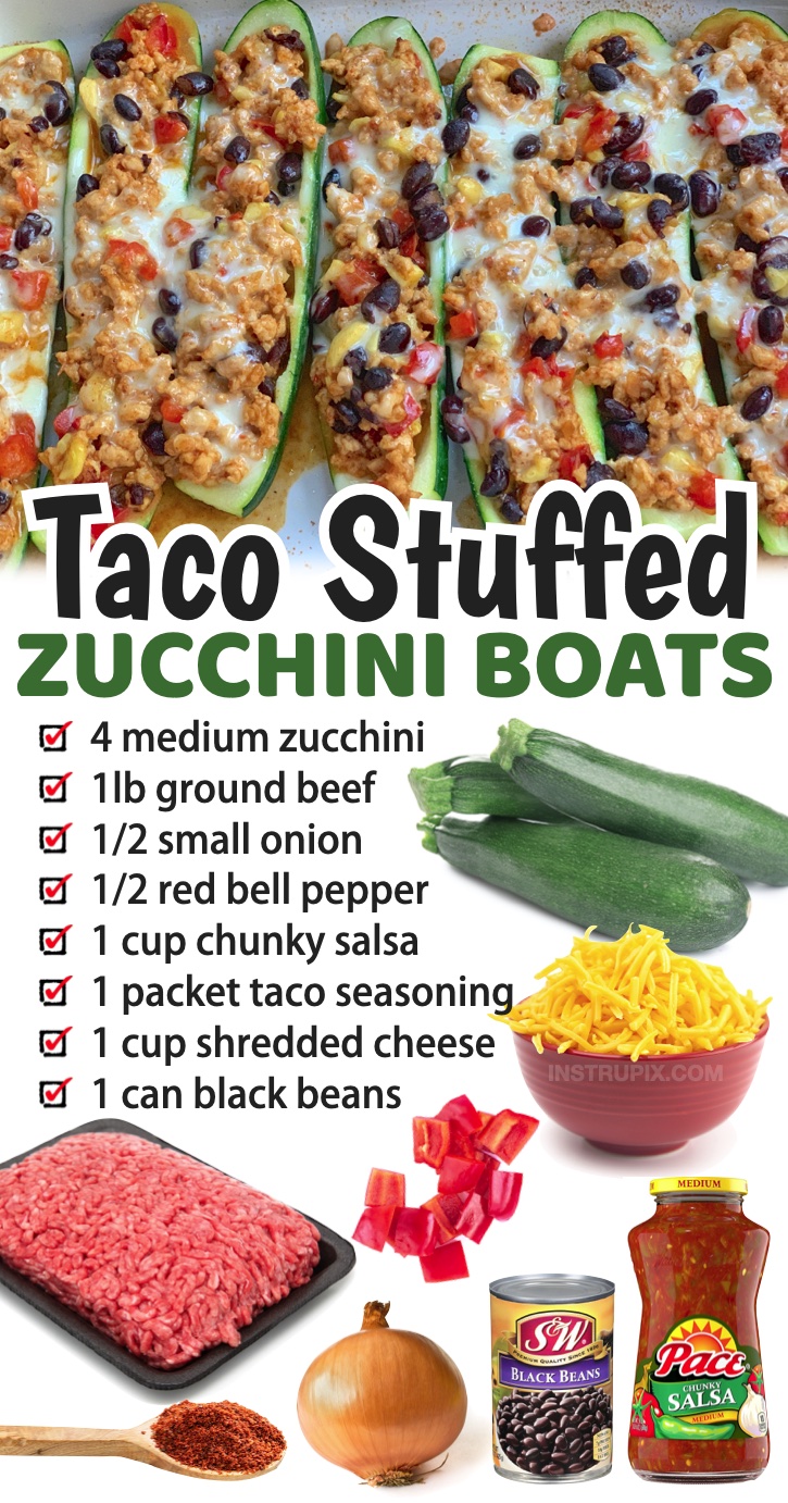 Cheesy Taco Stuffed Zucchini Boats | A super yummy and healthy ground beef dinner idea! Zucchinis are perfect for stuffing, and this Mexican inspired mixture topped with lots of cheese is perfect for the entire family!