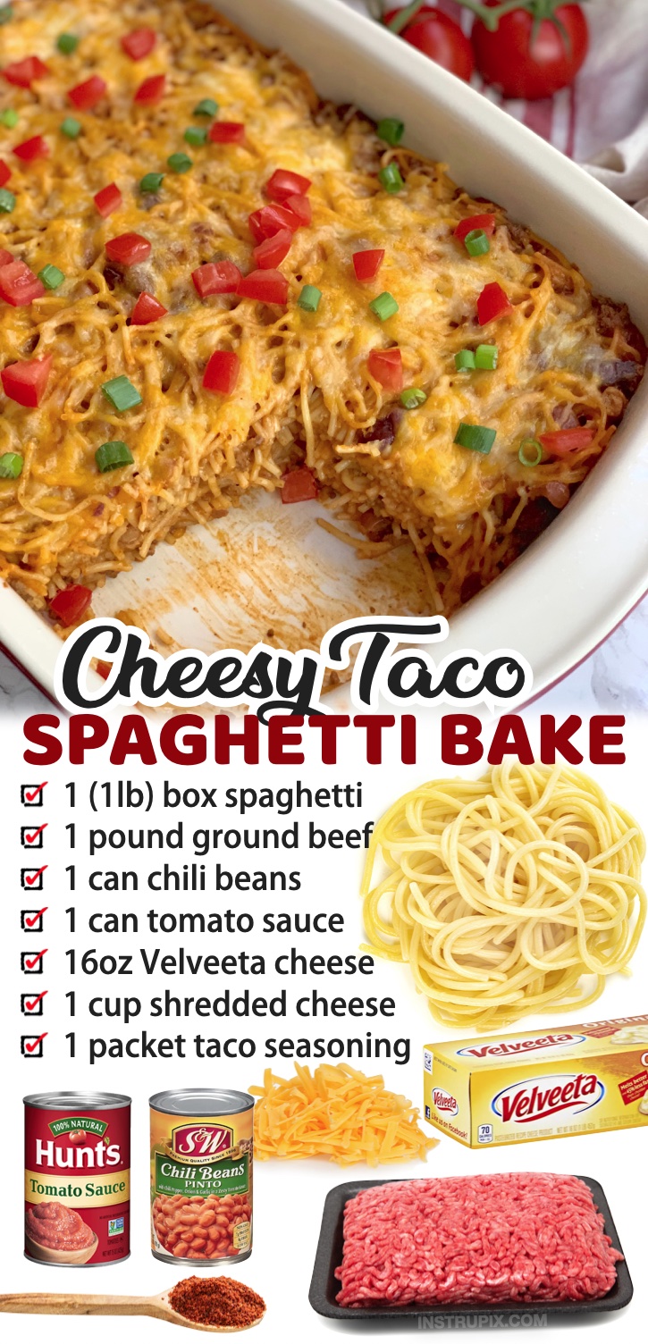 Cheesy Taco Baked Spaghetti | This unique dinner recipe is perfect for a picky family with kids! It's fun and easy to make with noodles, ground beef, canned beans, Velveeta cheese, tomato sauce, and fresh cheddar. 