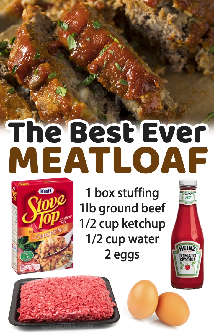 Grandma's Best Meatloaf (Made with Stovetop Stuffing Mix) | If you're looking for cheap and easy ground beef meals to make your family, you've got to try this meatloaf! It's so simple to make with just 4 ingredients. Serve it with mashed potatoes and a side of veggies for a complete meal.