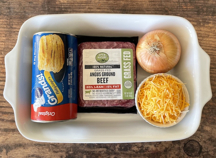 The best comfort food! This quick and easy weeknight meal is always a hit with my kids and husband. Just 4 ingredients! Hamburger meat, cheese, onion, and canned biscuits. So yummy!