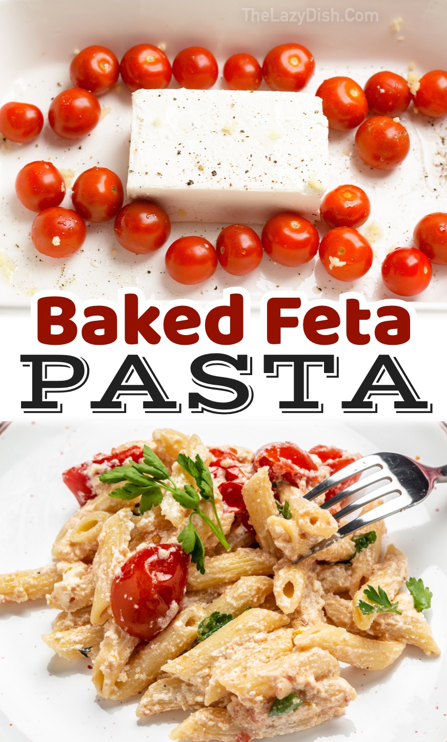 Tik Tok Baked Feta Pasta Recipe | This amazing recipe is made with just a few basic ingredients, yet is packed full of flavor! If you like feta cheese, you're going to love this Italian inspired meal. It's fun to make in your oven with a block of feta and cherry tomatoes. Toss it with your favorite pasta! Your family is going to love it. Even my picky eaters gobble it up.