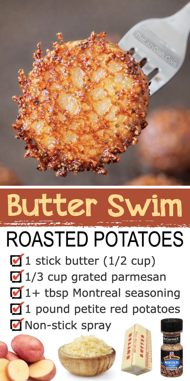 Crispy yet soft roasted potatoes baked with melted butter, grated parmesan, garlic, and seasoning to make a yummy comfort food side dish for dinner. 