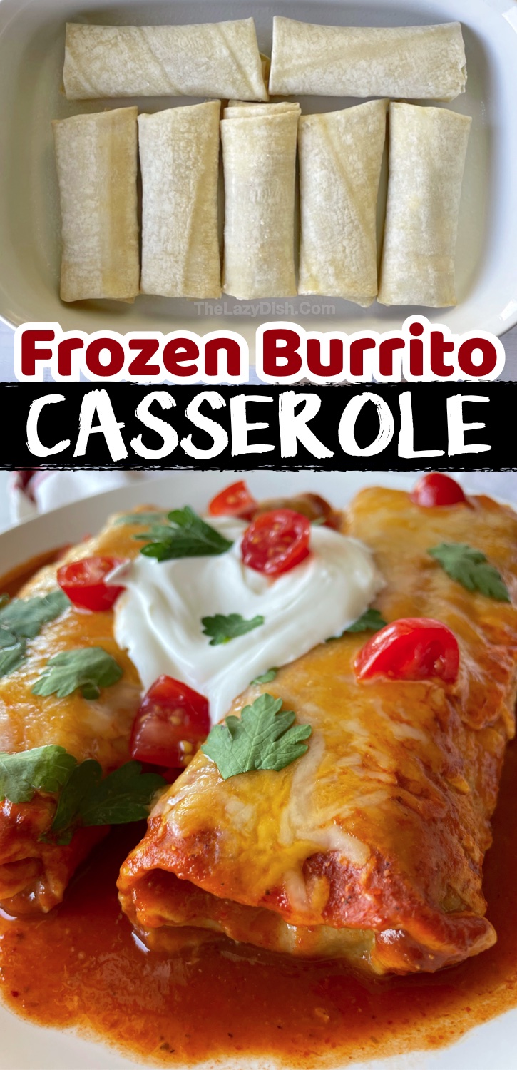 Baked Frozen Burritos with Enchilada sauce! The laziest meal you'll ever make. Simply bake frozen burritos with sauce and cheese for the best comfort food. This is perfect for a large family with kids!