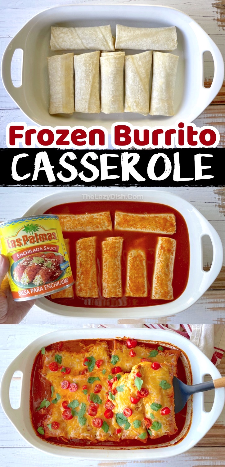 Frozen Burrito Enchilada Casserole | Quick and easy dinner for a large family with kids! This will soon be your favorite weeknight meal. This food hack takes frozen burritos from boring to amazing! A great last minute meal for busy moms and dads on a budget. This is the laziest dinner you'll ever make! My picky eaters gobble it up. 