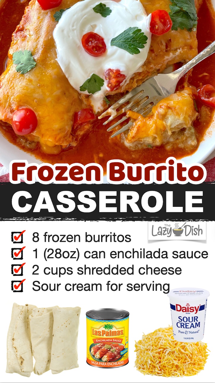 Quick and easy family dinner! If you're looking for cheap meals to make for your picky eaters, you've got to try this food hack. Frozen burritos make for the best enchiladas! The easiest dump and bake meal! Not only is it effortless, it tastes awesome! And it only requires one pan.