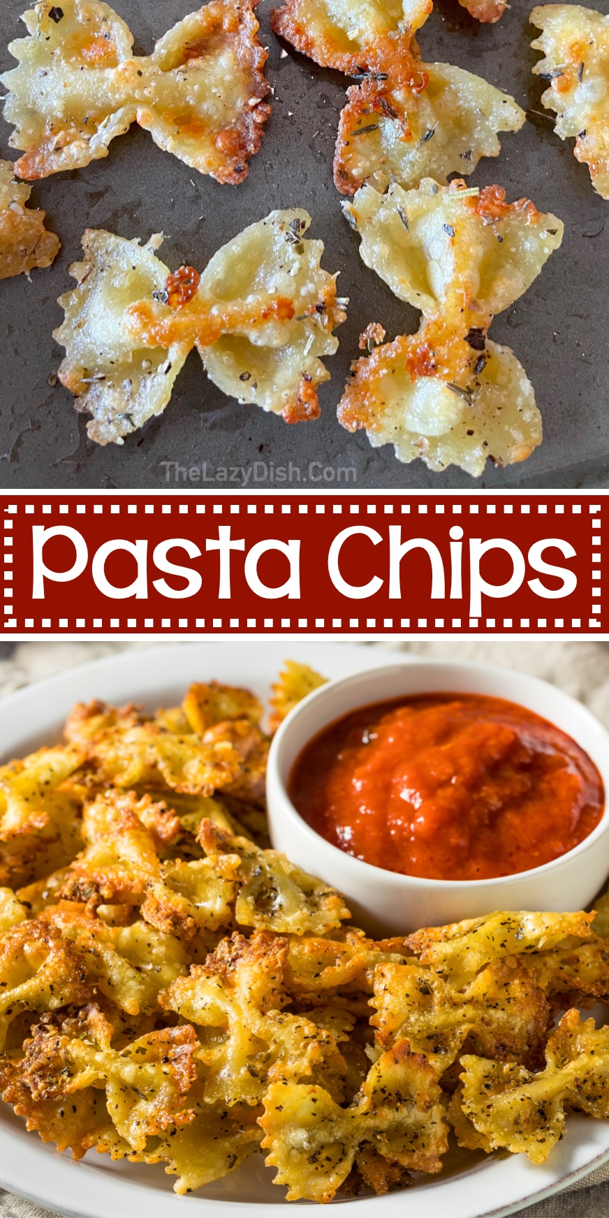 Easy pasta chips recipe! An easy appetizer or finger food snack for any occasion. This is a completely unique way of serving pasta! It's cooked and tender on the inside with a crispy and cheesy outer layer. 