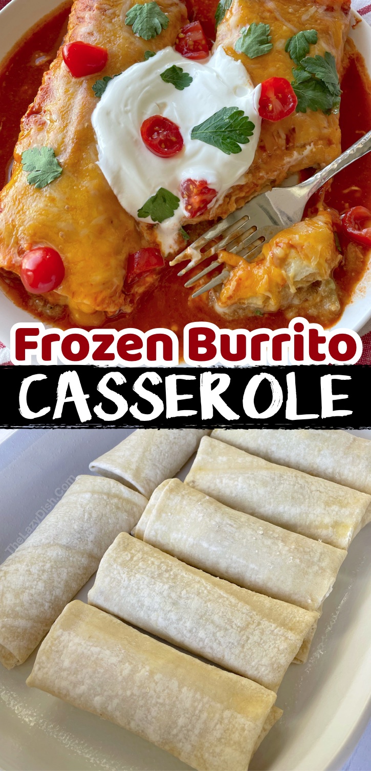 Frozen Burrito Enchilada Casserole Dinner | The best quick and easy family meal! My picky kids gobble it up. This is how to make frozen burritos not suck! I suppose you could call it a 3 ingredient meal, too. Just frozen burritos, enchilada sauce, and shredded cheese. Surprisingly delicious and cheap to make!