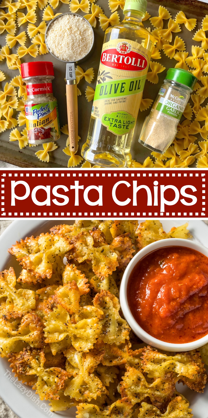 Easy Pasta Chips Recipe | A fun and easy snack idea! I'm always looking for unique recipes to make for my family, and these oven baked bow tie pasta chips are a hit! Serve with warm marinara, and thank me later. 