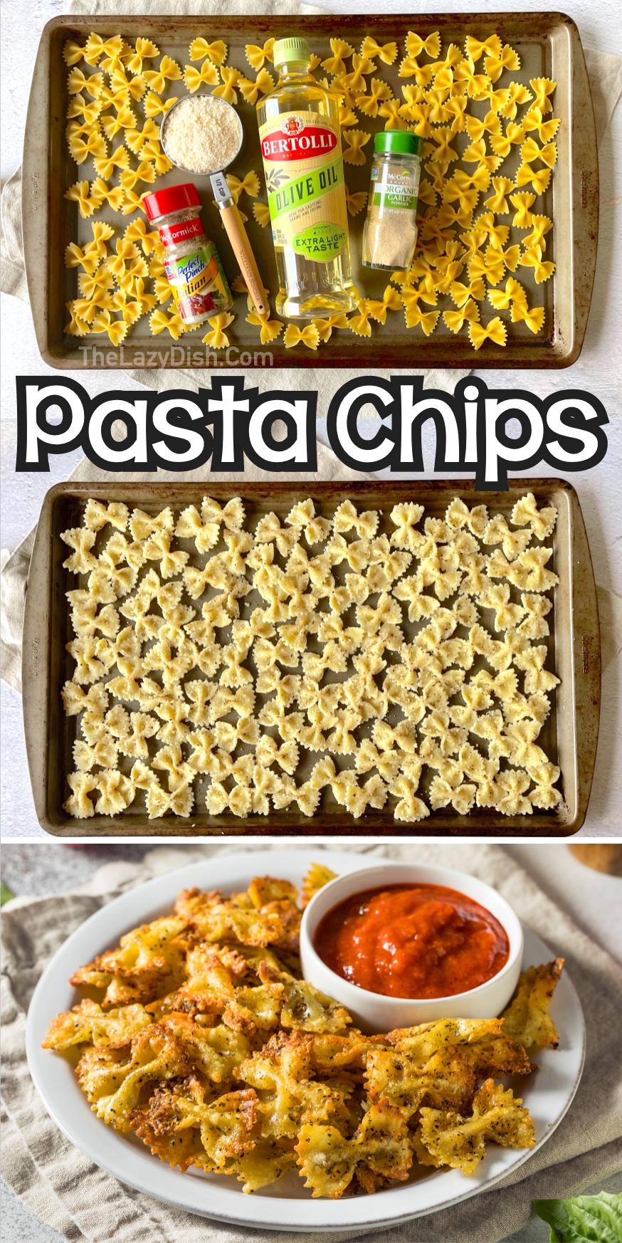 Easy Crispy Pasta Chips Recipe! This fun and easy snack idea went viral on Tik Tok. Here is how to make them in both your oven and air fryer. Dip them in warm marinara sauce for the best snack, ever!