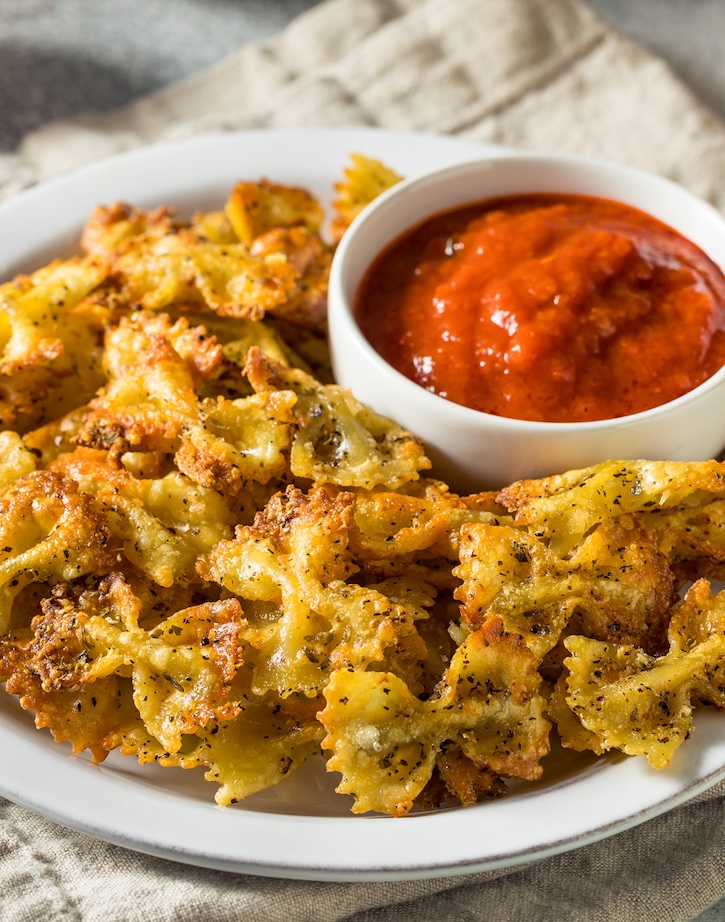 Oven baked pasta chips recipe with an air fryer option! This fun and easy snack idea is sure to be a hit with your family. 