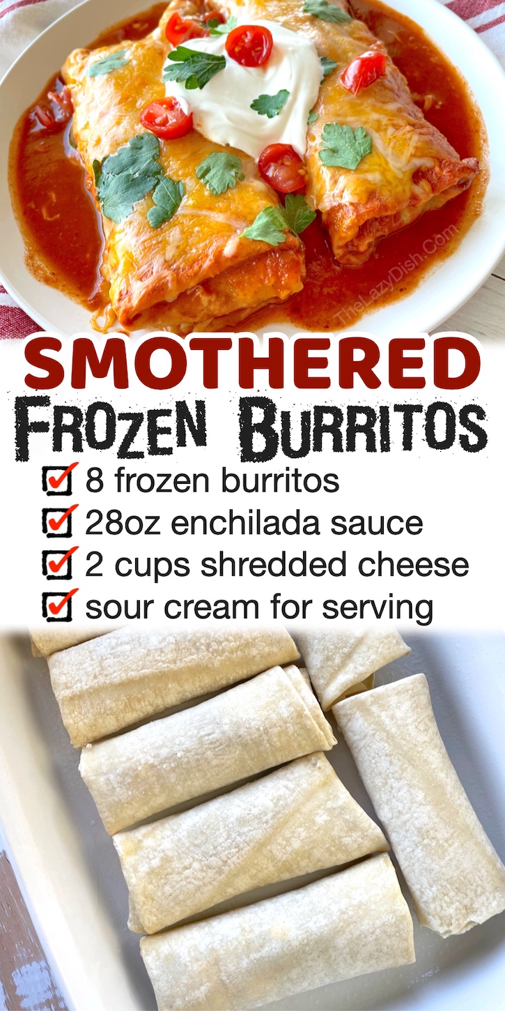 Smothered Frozen Burrito Enchilada Casserole | This quick and easy dinner recipe is perfect for lazy day meals! It's so simple to make with just a few cheap ingredients: frozen burritos, enchilada sauce, shredded cheese, and sour cream. My favorite dump and bake meal! It's awesome for a large family with kids, especially on busy school nights when you don't feel like cooking. This food hack is genius! Dinner has never been so easy.