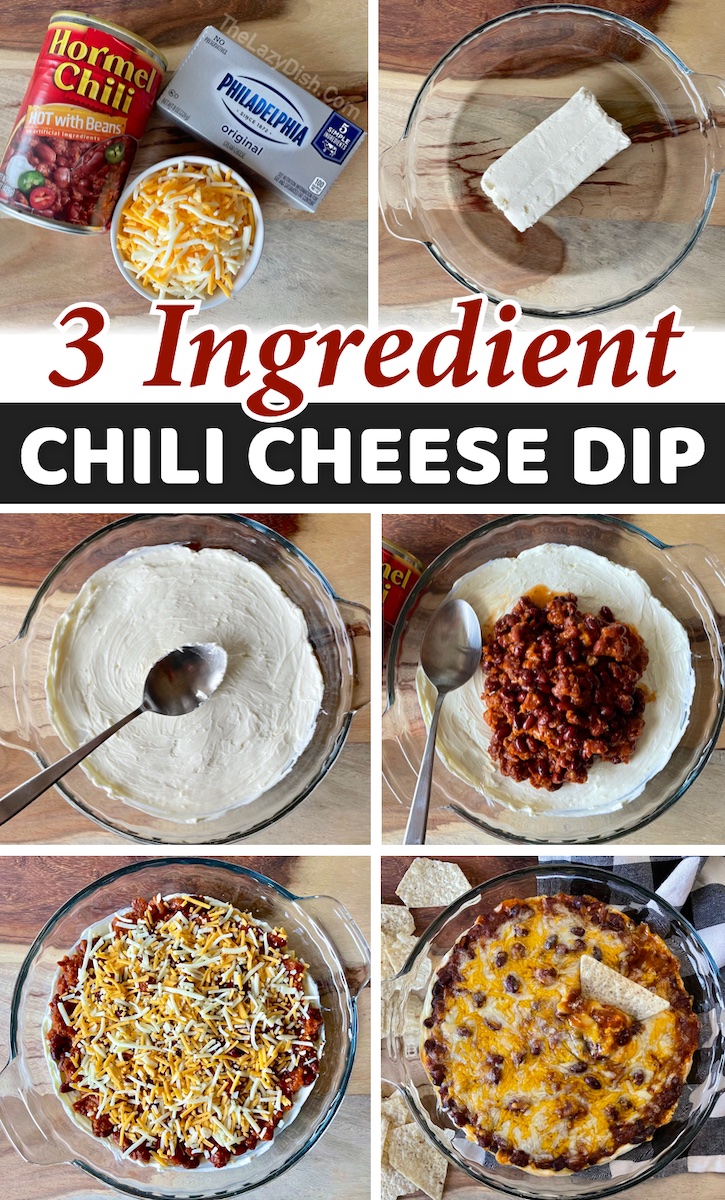 3 ingredient chili cheese dip! This quick and easy appetizer is perfect for feeding a crowd, and so simple to throw together last minute with just a few ingredients: cream cheese, a can of chili, shredded cheese, and tortilla chips for serving. If you're looking for a chip dip for parties, this amazing finger food is some serious crowd pleasing comfort food!