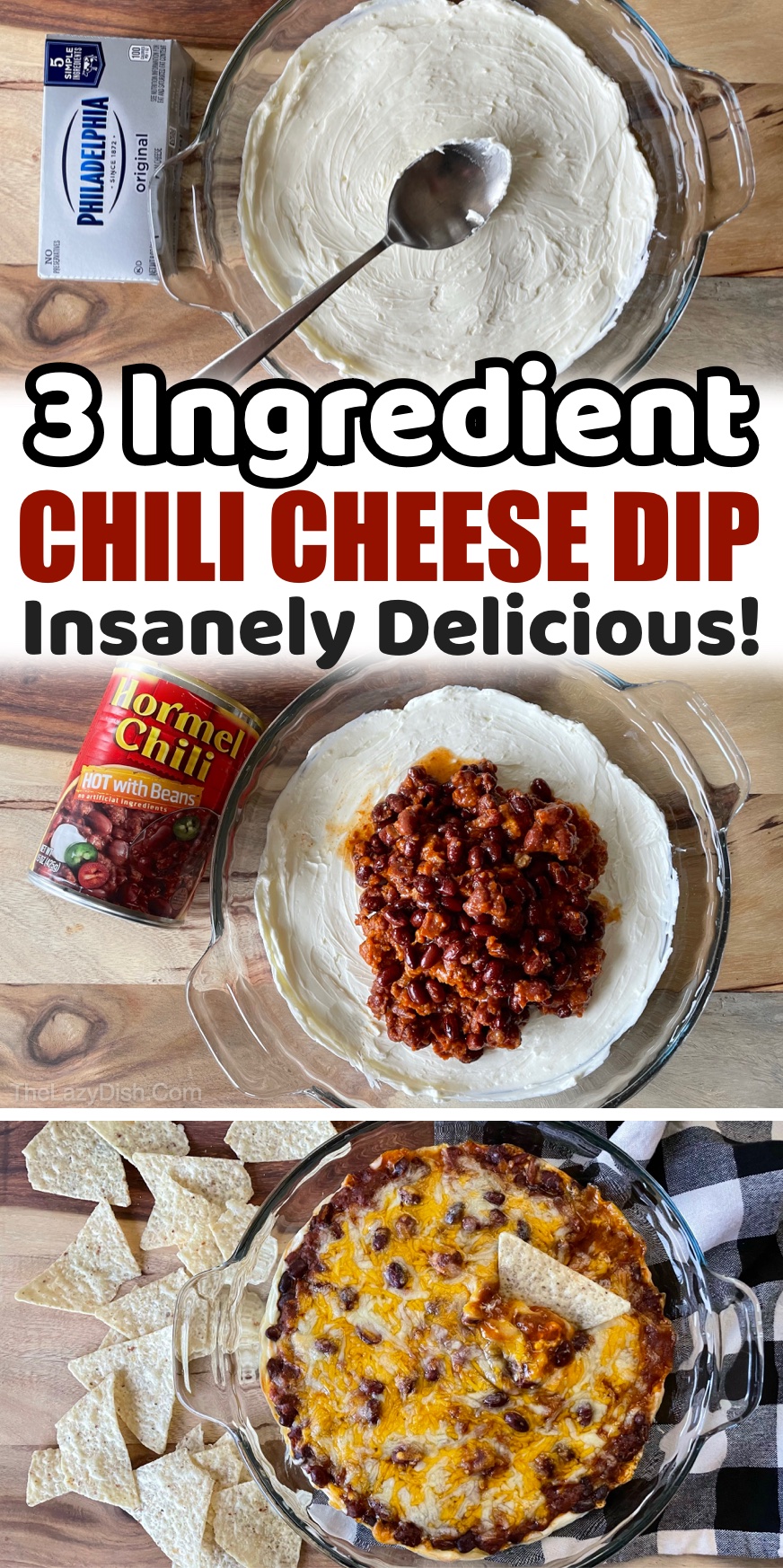 This crowd pleasing appetizer takes less than 5 minutes to prepare! Serve this easy warm dip with tortilla chips or Fritos scoops at your next party or family gathering. It's perfect for game day or football Sunday! It's always the first thing to disappear at parties. You just layer a block of cream cheese, a can of chili, and shredded cheese in a shallow baking dish and then bake for about 25 minutes. Insanely delicious and so quick and simple to make!