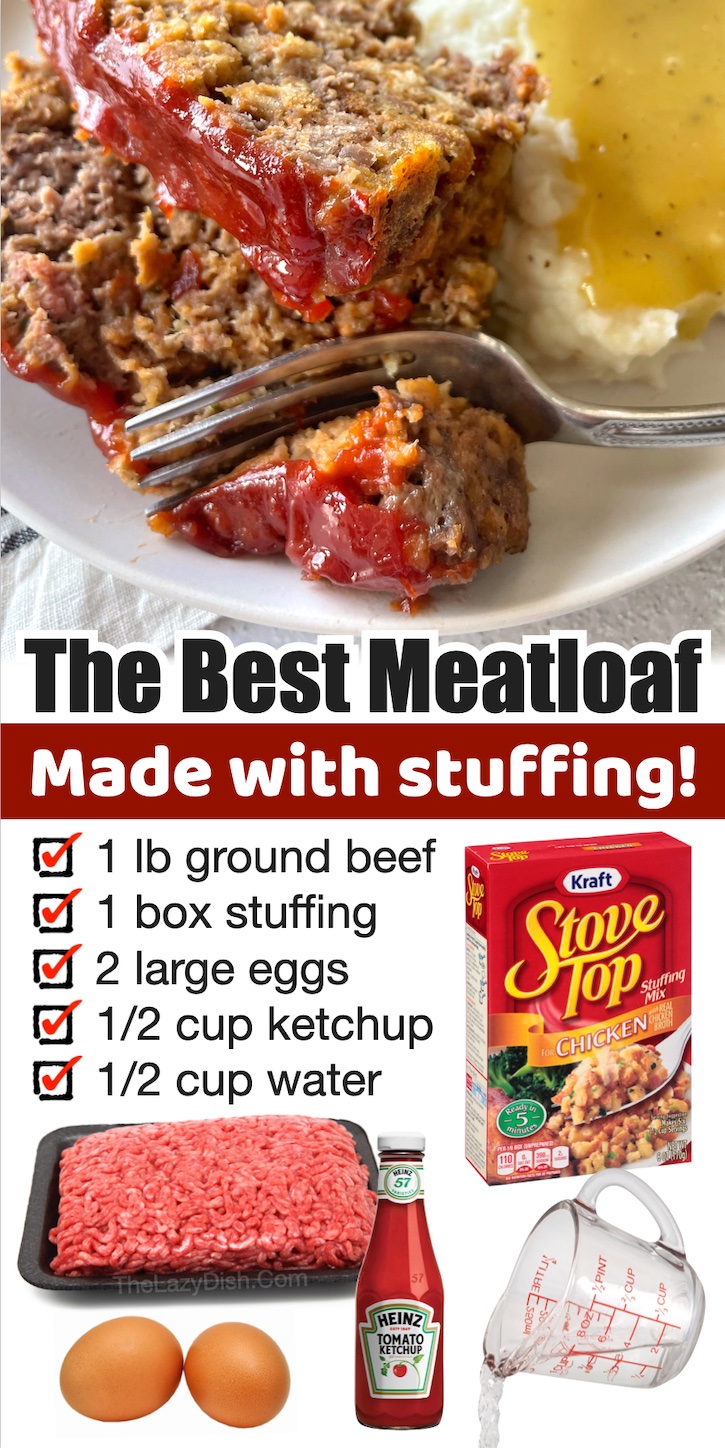 A cheap and easy ground beef dinner idea! This amazing meatloaf is made with a box of stovetop stuffing for the best weeknight meal. A classic recipe from Grandma! My entire family loves it, including my picky kids. It's made with 1 lb of ground beef, perfect for a family of four to six on a budget. Serve with mashed potatoes for the ultimate comfort food.