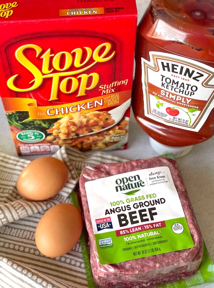 How to make the best meatloaf with a box of Stove Top stuffing and ketchup! Easy and delicious. 