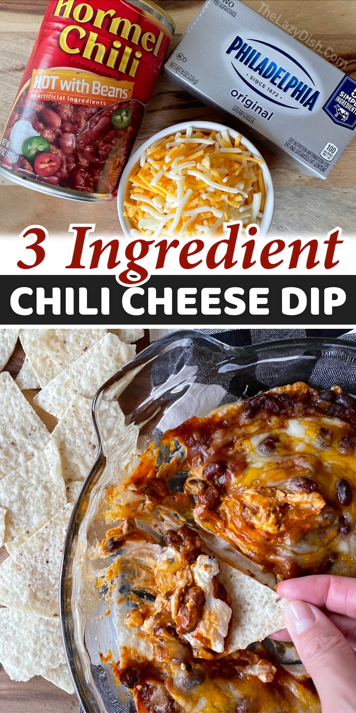 Are you looking for easy party dip recipes? It doesn't get any better or easier than this warm chili cheese dip! It's made with just 3 cheap ingredients including cream cheese, chili, and shredded cheddar cheese. Serve it warm with tortilla chips for the best appetizer to feed a crowd. 
