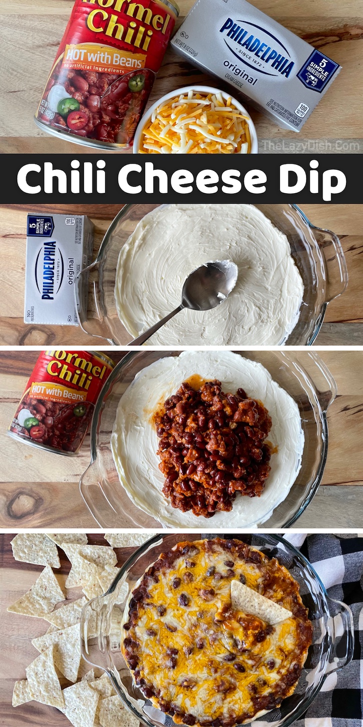 Easy Chili Cheese Dip Appetizer | The best party food! Serve this yummy cream cheese dip with tortilla chips or Fritos Scoops for the best party food you'll ever make. And it's so easy to make with just 3 ingredients! A block of cream cheese, a can of chili, and shredded cheese. This party appetizer crowd pleasing! Everyone always asks me for the recipe. 