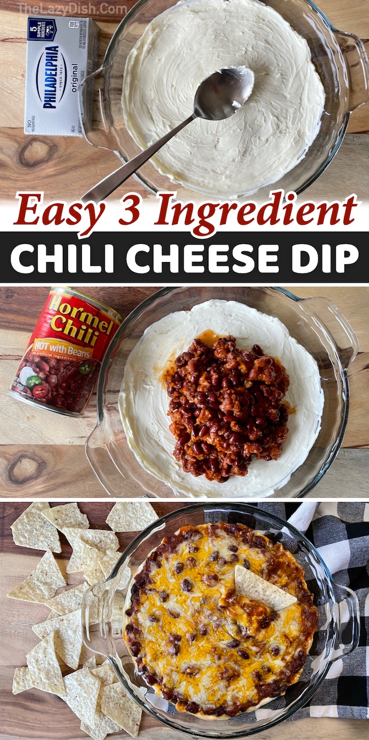 Chili Cream Cheese Dip | The best quick and easy party food! If you're looking for simple appetizers to make for a party, this 3 ingredient chip dip is awesome! It's my go-to last minute chip dip. Super cheesy and delicious! It takes less than 5 minutes to prep and then the oven does the rest. Serve warm with tortilla chips or Fritos Scoops. 