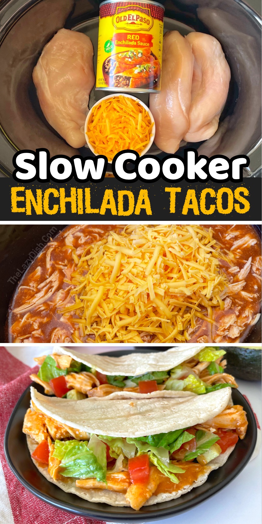 These slow cooker enchilada tacos are perfect for a family with kids! The base recipe is mild and you can adjust it to your own taste. Just 3 basic ingredients: chicken breasts, a can of enchilada sauce, and cheese! We like to serve the creamy shredded chicken in tortillas with fresh produce like lettuce and tomatoes, but it's also awesome in a burrito bowl or to make nachos. 