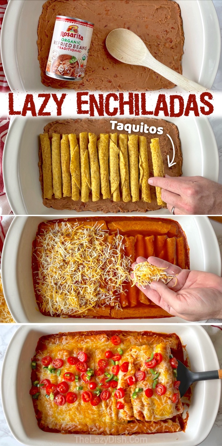 If you're looking for quick and easy dinner recipes for a family with kids, this frozen taquito casserole is the laziest meal you'll ever make! It's so simple to make with just a few cheap ingredients including frozen taquitos, refried beans, enchilada sauce, and cheese! It's perfect for busy moms and dads on a budget with picky eaters to feed. It's basically a dump meal that comes together in less than 30 minutes (most of that being the baking time). The oven does all the work for you!