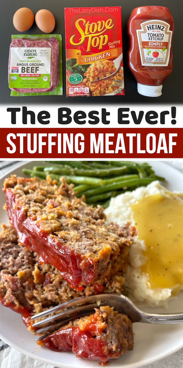 The best meatloaf recipe, ever! And it's super quick and easy to make with just a few cheap ingredients including 1 lb ground beef, 1 box of Stove Top stuffing in any flavor, 2 eggs, and 1/2 cup of ketchup. So simple and delicious! A family favorite budget meal for busy school nights. Serve with store-bought mashed potatoes to make it extra lazy. 