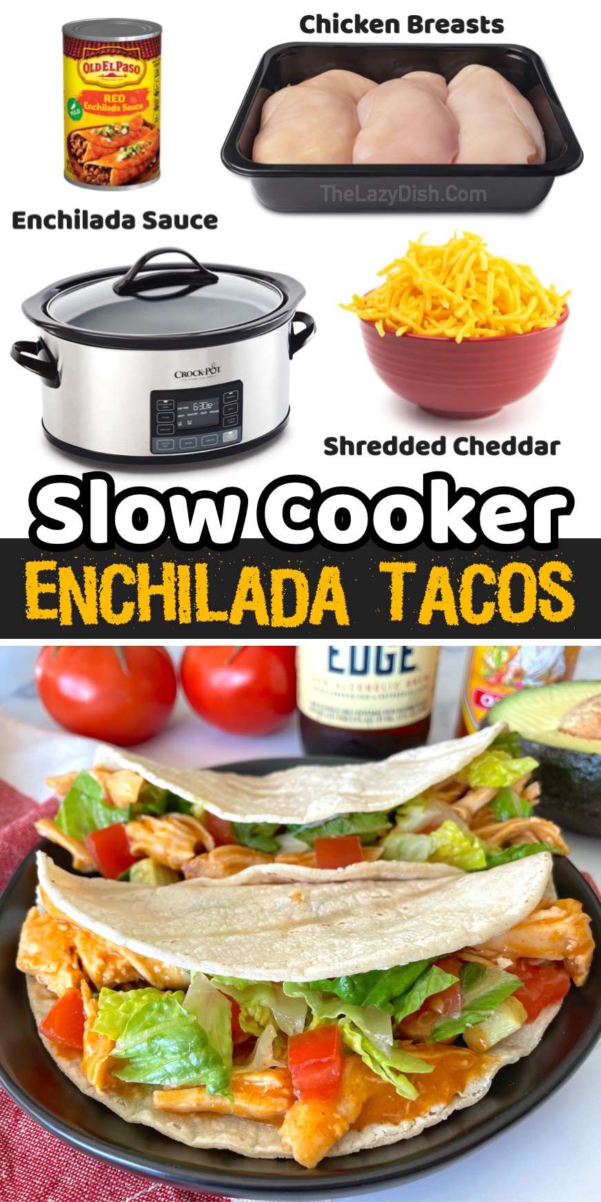 Your family is going to love these slow cooker shredded chicken enchilada tacos! With just 3 cheap ingredients you can make the best weeknight meal. Serve this delicious chicken in tortillas, over rice, in a salad, or you can even make nachos! My picky eaters gobble it up. 