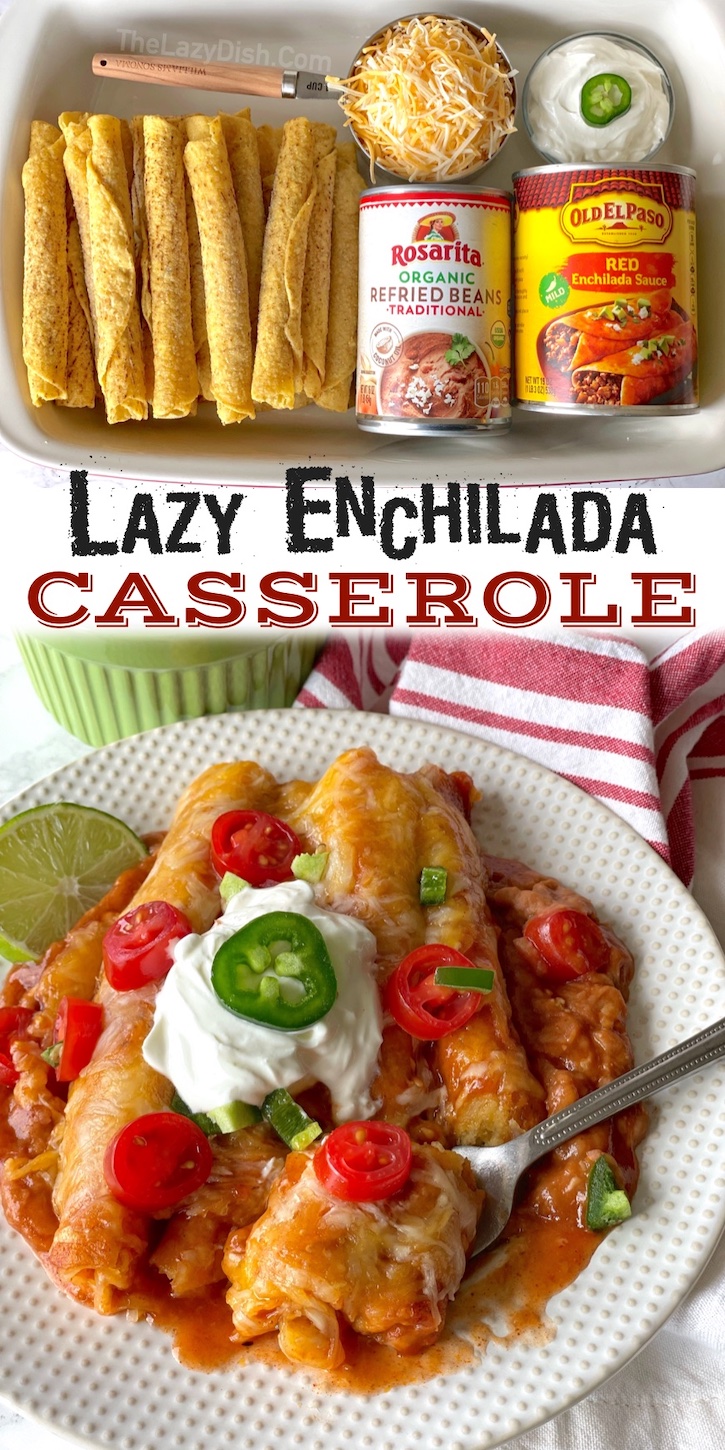 Lazy Enchilada Casserole (Made with frozen Taquitos!) This quick and easy family dinner idea is my absolute favorite weeknight meal to make for my picky eaters. You simply dump everything into just one pan, bake, and enjoy! Very little prep needed, plus just one dish to wash. It's perfect for busy moms on a budget with hungry children to feed. It's the best comfort food made lazy! It tastes like something you'd get at a Mexican restaurant, but it's cheap to make with just a few common ingredients. 