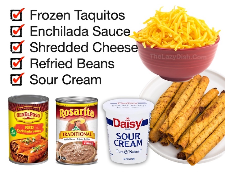 How to make frozen taquitos awesome! Turn them into enchiladas with this easy enchilada recipe.