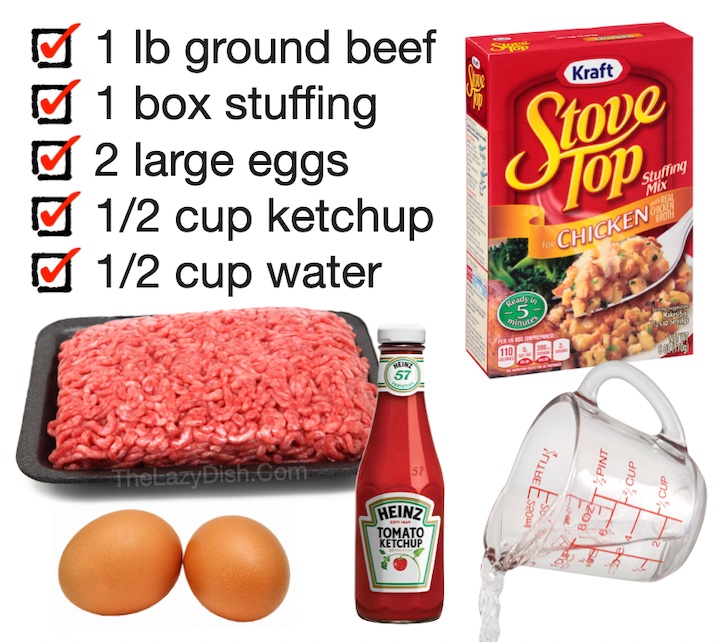 The best ever meatloaf! Just 4 simple and cheap ingredients to make this yummy family meal: ground beef, Stove Top stuffing, eggs and ketchup!