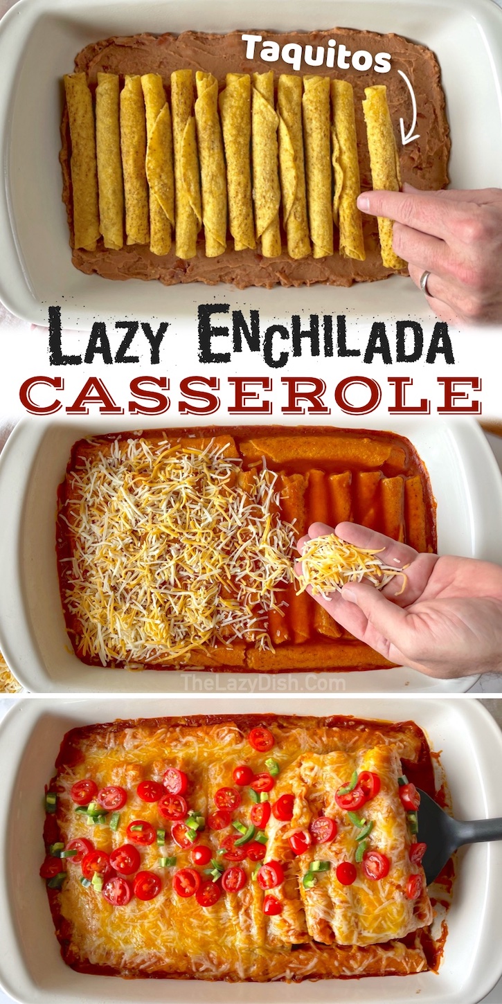 Frozen Taquito Enchilada Bake | Are you looking for easy dinner recipes? This delicious casserole is my family's favorite meal! It's quick, cheap, yummy, and only requires one dish! It's great for busy parents on a budget with hungry kids to feed. It makes enough for a large family, but is yummy leftover, so you can get several meals out of it. Add this lazy day dinner to your weekly meal plan and thank me later!