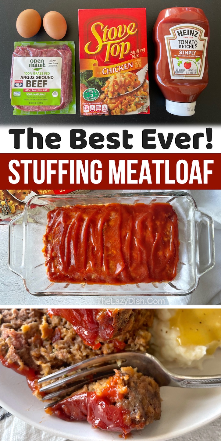 The best meatloaf made with a box of Stove Top stuffing! This quick and easy ground beef dinner recipe is perfect for a family with kids. If you're looking for budget meals, this savory meatloaf is the most amazing comfort food that's cheap to make with just 4 ingredients. Even your picky eaters will love it! Top with ketchup or bbq sauce to add the perfect touch of sweetness. 