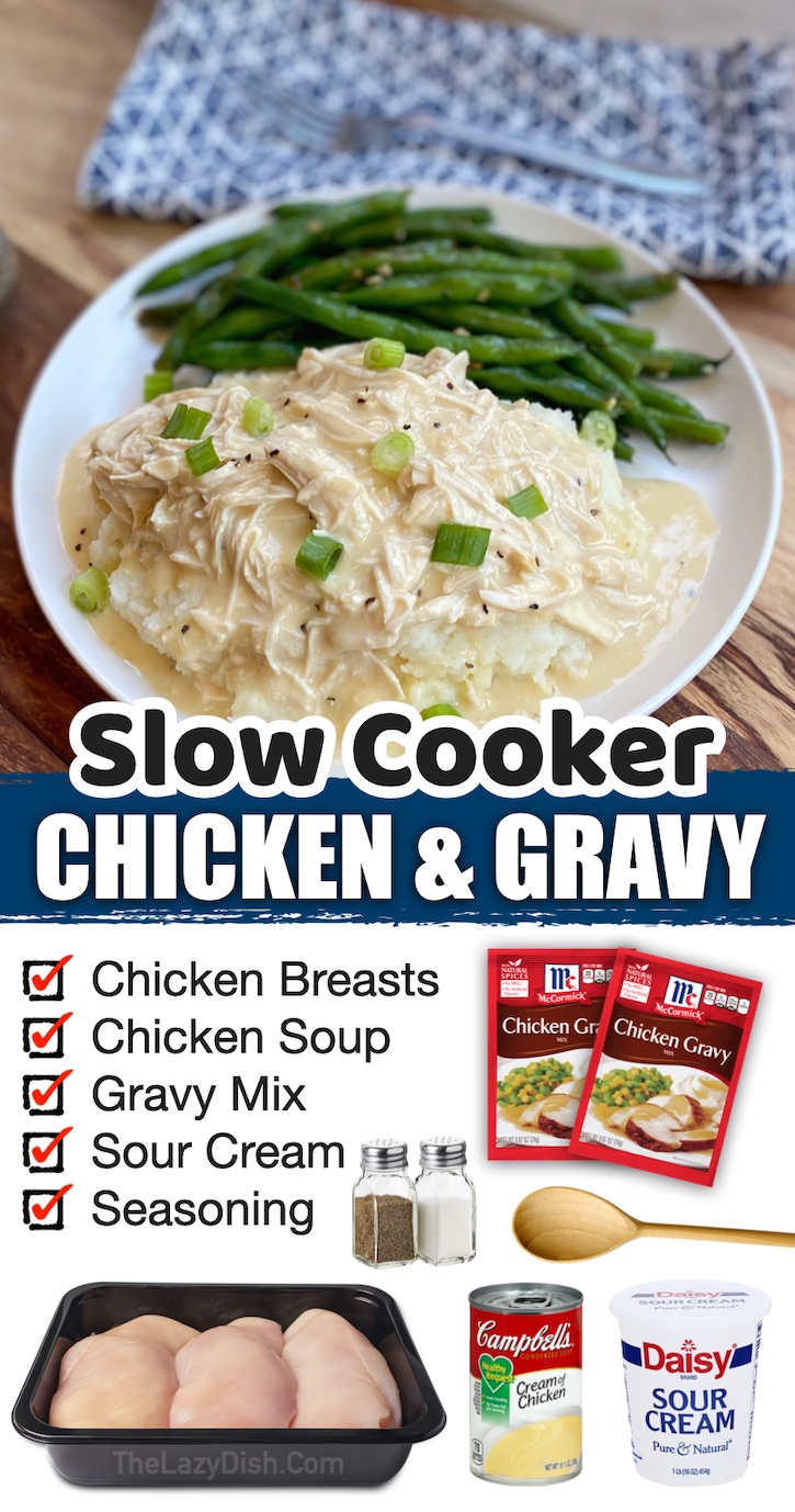 Slow Cooker Chicken & Gravy | If you're always looking for easy dinner recipes to make at home, you've got to try this shredded chicken and gravy! It's made with just a few ingredients and tastes like a fancy meal. Just dump everything into your crockpot, shred the chicken, and then serve over rice, pasta or mashed potatoes, along with a side of veggies to make it healthy. 