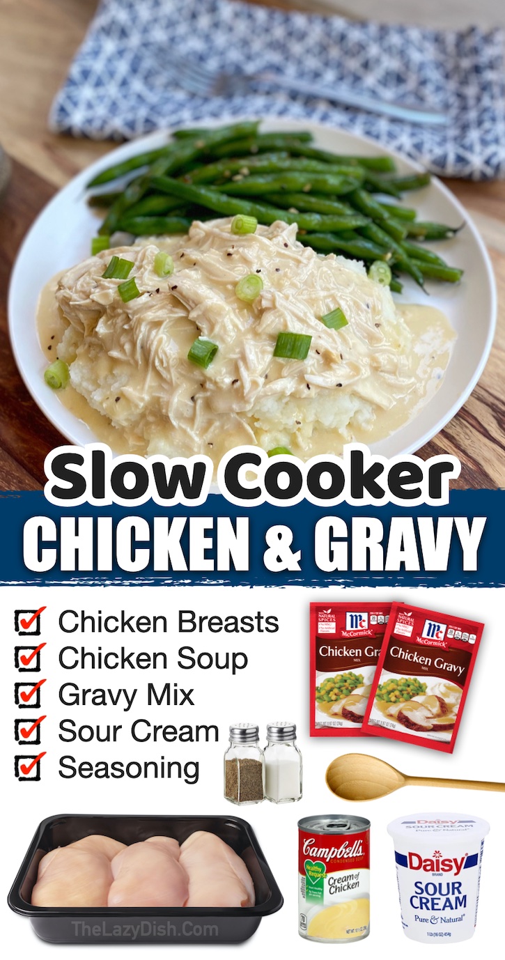 Slow Cooker Chicken & Gravy | If you're always looking for easy dinner recipes to make at home, you've got to try this shredded chicken and gravy! It's made with just a few ingredients and tastes like a fancy meal. Just dump everything into your crockpot, shred the chicken, and then serve over rice, pasta or mashed potatoes, along with a side of veggies to make it healthy.
