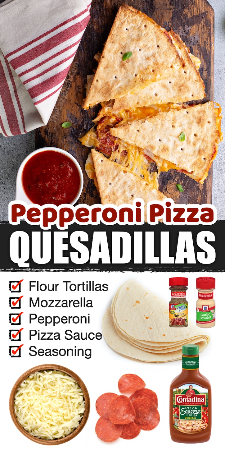 Pepperoni Pizza Quesadillas | This easy dinner is perfect for busy work nights, and a fun twist on classic quesadillas! Stuff tortillas with cheese and your favorite pizza toppings. Dip in pizza sauce or marinara for the ultimate comfort food. This is perfect for feeding two people, or as many as you want! Stock up on tortillas and you've got an easy meal to make that everyone will love.