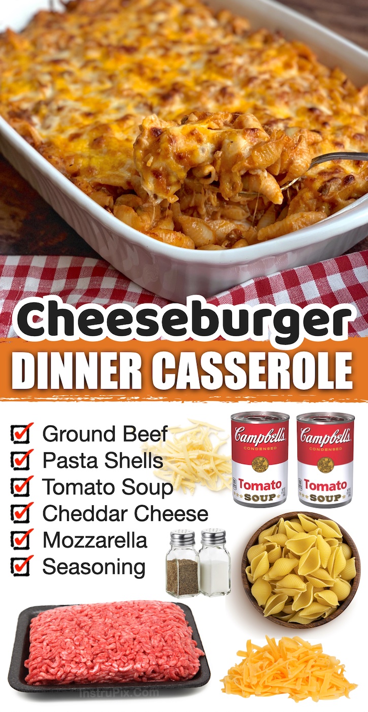 Cheeseburger Dinner Casserole | My most popular dinner idea! How can you go wrong with ground beef, pasta, tomato soup and a bunch of cheese all mixed together into a yummy casserole? It's the ultimate comfort food for a busy family of 6. It's also great leftover if you're only feeding a few! My teenagers love it.