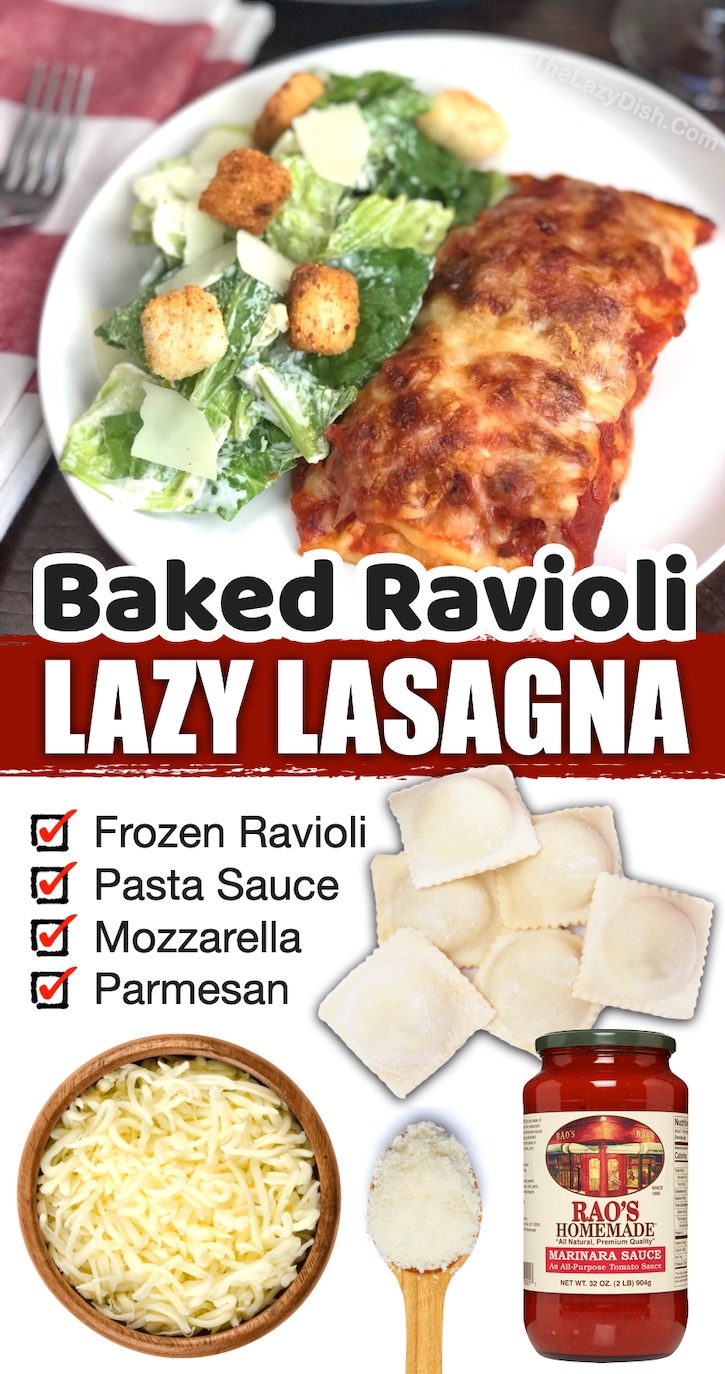 Baked Ravioli Lazy Lasagna | This quick and easy dinner recipe is perfect for the beginning cook! It's so simple to make with just 3 ingredients and you can customize it to your liking. The easiest Italian dinner you'll ever make! My picky kids love it.
