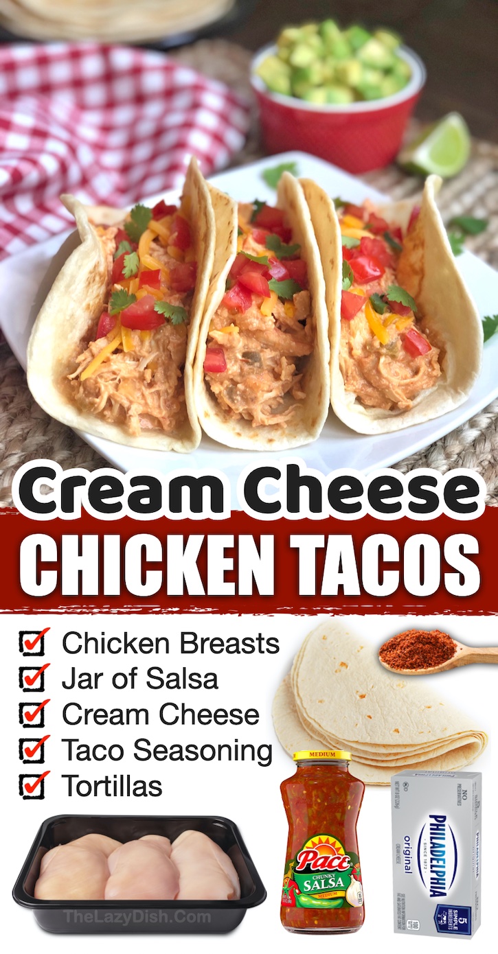 Cream Cheese Chicken Tacos | Break out your slow cooker because you're about to make the best shredded chicken tacos, ever! This delicious dinner is made with just 4 ingredients and is basically a dump meal. Your crockpot will do all of the hard work for you. If you're looking for easy dinner recipes for beginners, this amazing chicken will soon be your new favorite weeknight meal. My entire family loves it, even my picky eaters!