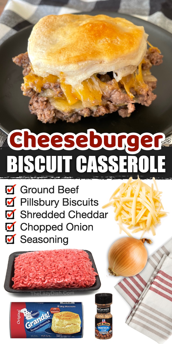 Cheeseburger Biscuit Casserole | This ground beef dinner recipe is a family favorite meal! The buns are replaced with biscuits, and it's all made in just one pan. No grill required! My picky eaters requested for this casserole to be on regular rotation. Fine by me! It's super fast and easy to make with just a few ingredients. I recommend this recipe for the beginning cook!