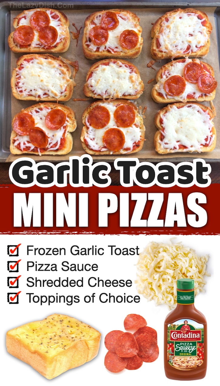 Garlic Toast Mini Pizzas | Are you trying to find quick and easy dinner recipes? These little pizzas are effortless thanks to frozen garlic bread! Easy enough for kids to make by themselves. It's perfect for last minute meals on nights when you don't have dinner plans. Top these delicious and crispy pizzas with the toppings of your choice such as pepperoni, olives, bell peppers, jalapeños, etc. 