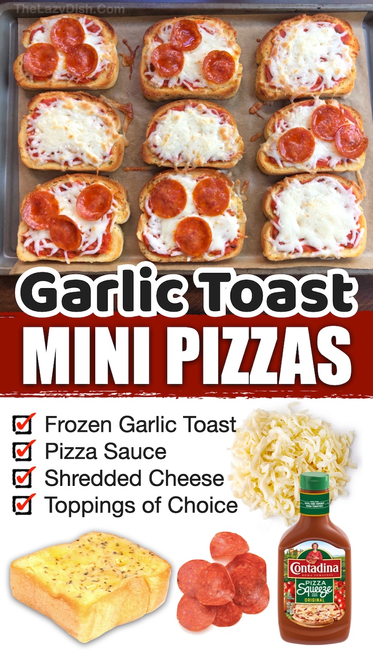 Garlic Toast Mini Pizzas | Are you trying to find quick and easy dinner recipes? These little pizzas are effortless thanks to frozen garlic bread! Easy enough for kids to make by themselves. It's perfect for last minute meals on nights when you don't have dinner plans. Top these delicious and crispy pizzas with the toppings of your choice such as pepperoni, olives, bell peppers, jalapeños, etc.